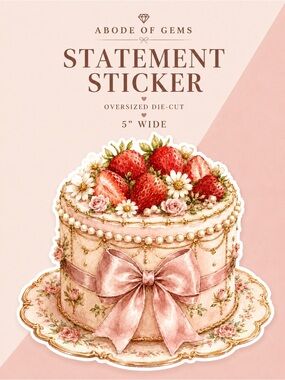 🆕 2/$18 💌 Vintage Cottage Strawberry Bow Cake Oversized Sticker 5” Die-Cut